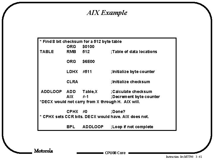 AIX Example * Find 8 bit checksum for a 512 byte table ORG $0100 AIX Example * Find 8 bit checksum for a 512 byte table ORG $0100