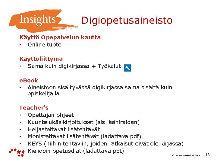  Digiopetusaineisto Käyttö Opepalvelun kautta • Online tuote Käyttöliittymä • Sama kuin digikirjassa +