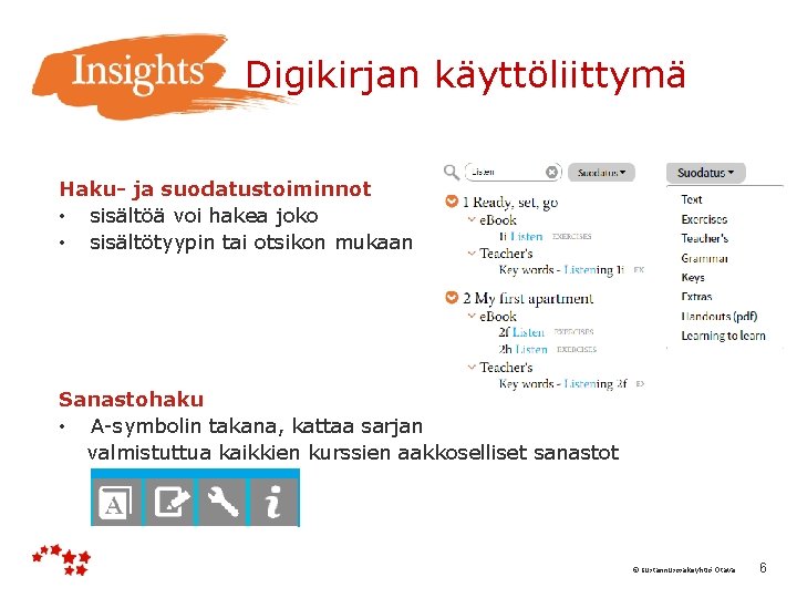  Digikirjan käyttöliittymä Haku- ja suodatustoiminnot • sisältöä voi hakea joko • sisältötyypin tai