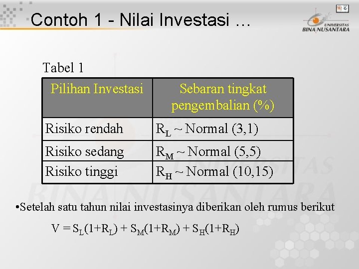 Contoh 1 - Nilai Investasi … Tabel 1 Pilihan Investasi Sebaran tingkat pengembalian (%)