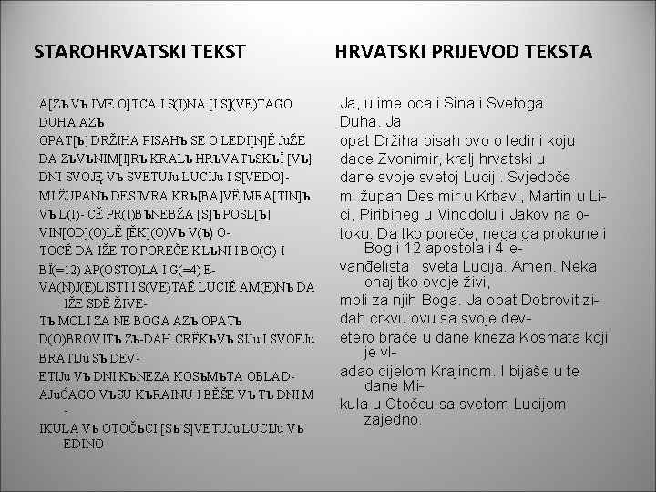 STAROHRVATSKI TEKST A[ZЪ VЪ IME O]TCA I S(I)NA [I S](VE)TAGO DUHA AZЪ OPAT[Ъ] DRŽIHA