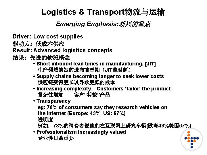 Logistics & Transport物流与运输 Emerging Emphasis: 新兴的重点 Driver: Low cost supplies 驱动力:低成本供应 Result: Advanced logistics Logistics & Transport物流与运输 Emerging Emphasis: 新兴的重点 Driver: Low cost supplies 驱动力:低成本供应 Result: Advanced logistics