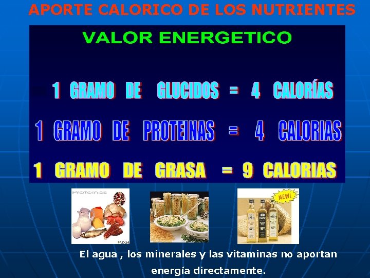 APORTE CALORICO DE LOS NUTRIENTES El agua , los minerales y las vitaminas no