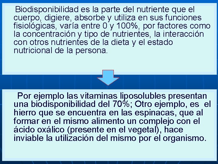  Biodisponibilidad es la parte del nutriente que el cuerpo, digiere, absorbe y utiliza