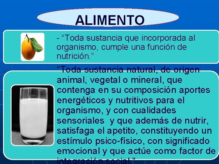 ALIMENTO - “Toda sustancia que incorporada al organismo, cumple una función de nutrición.