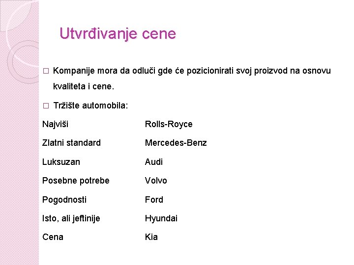 Utvrđivanje cene � Kompanije mora da odluči gde će pozicionirati svoj proizvod na osnovu