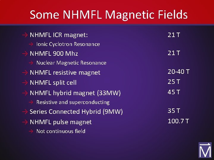 Some NHMFL Magnetic Fields → NHMFL ICR magnet: 21 T → Ionic Cyclotron Resonance