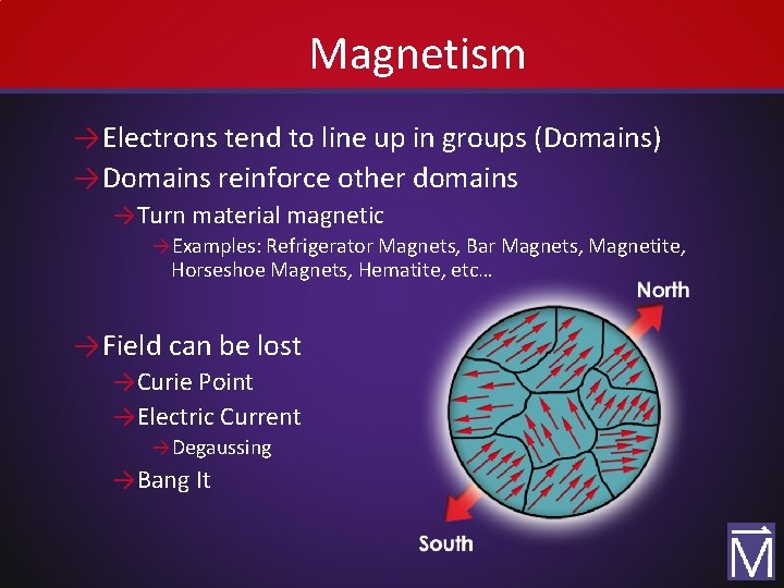 Magnetism → Electrons tend to line up in groups (Domains) → Domains reinforce other