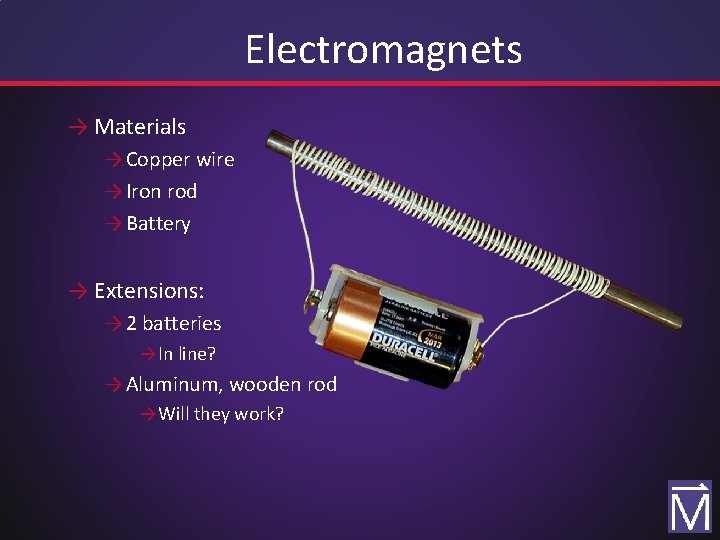 Electromagnets → Materials → Copper wire → Iron rod → Battery → Extensions: →