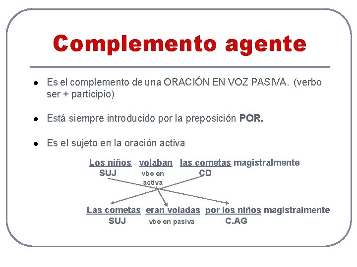 Complemento agente Es el complemento de una ORACIÓN EN VOZ PASIVA. (verbo ser +