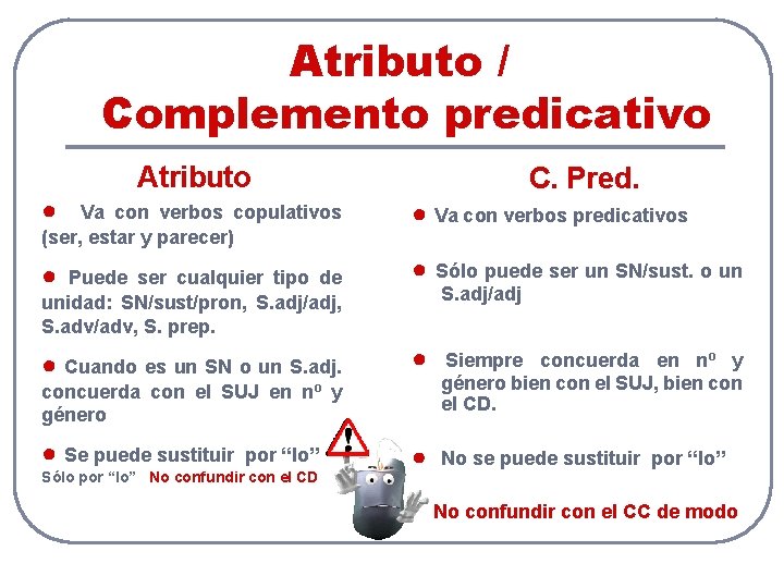 Atributo / Complemento predicativo Atributo C. Pred. ● Va con verbos copulativos (ser, estar