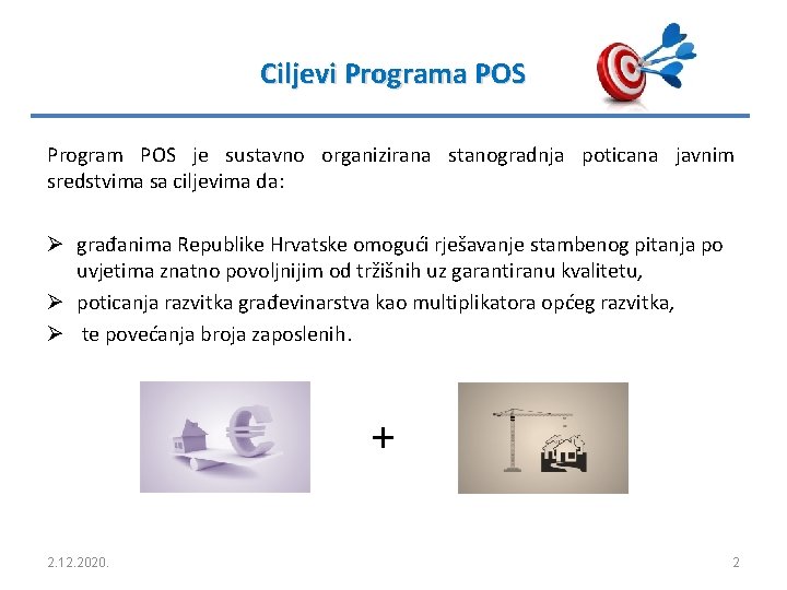 Ciljevi Programa POS Program POS je sustavno organizirana stanogradnja poticana javnim sredstvima sa ciljevima