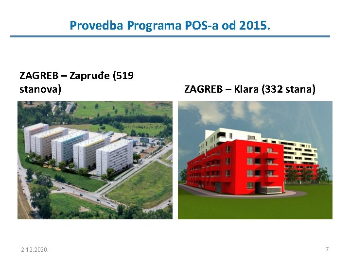 Provedba Programa POS-a od 2015. ZAGREB – Zapruđe (519 stanova) 2. 12. 2020. ZAGREB