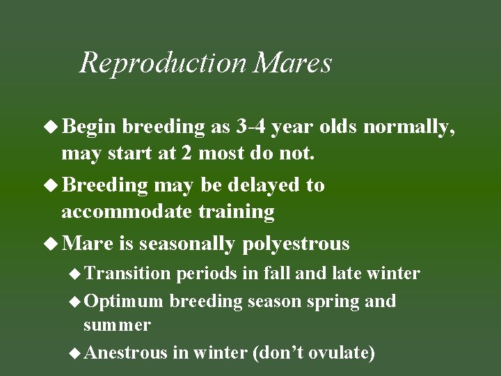 Reproduction Mares u Begin breeding as 3 -4 year olds normally, may start at