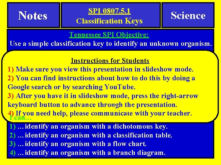 Notes SPI 0807. 5. 1 Classification Keys Science Tennessee SPI Objective: Use a simple