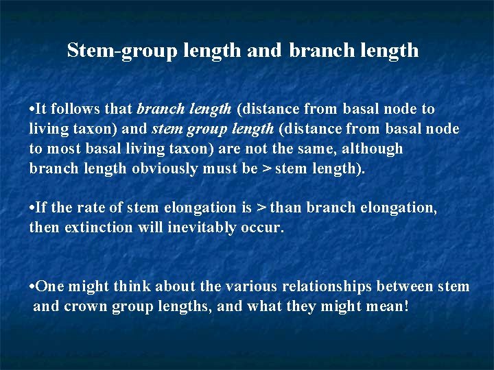 Stem-group length and branch length • It follows that branch length (distance from basal