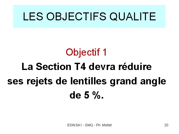 LES OBJECTIFS QUALITE Objectif 1 La Section T 4 devra réduire ses rejets de