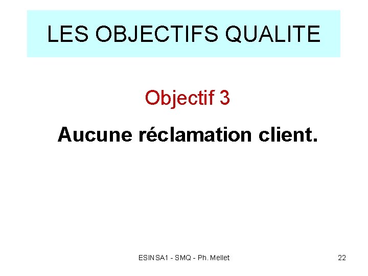 LES OBJECTIFS QUALITE Objectif 3 Aucune réclamation client. ESINSA 1 - SMQ - Ph.