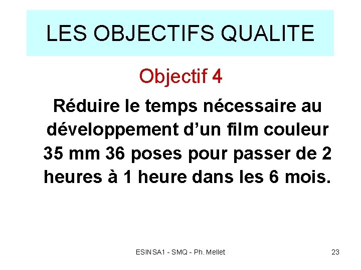 LES OBJECTIFS QUALITE Objectif 4 Réduire le temps nécessaire au développement d’un film couleur