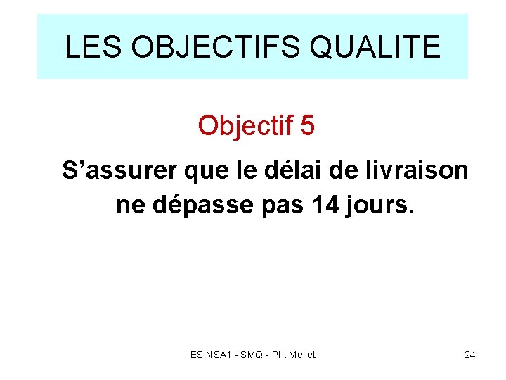 LES OBJECTIFS QUALITE Objectif 5 S’assurer que le délai de livraison ne dépasse pas