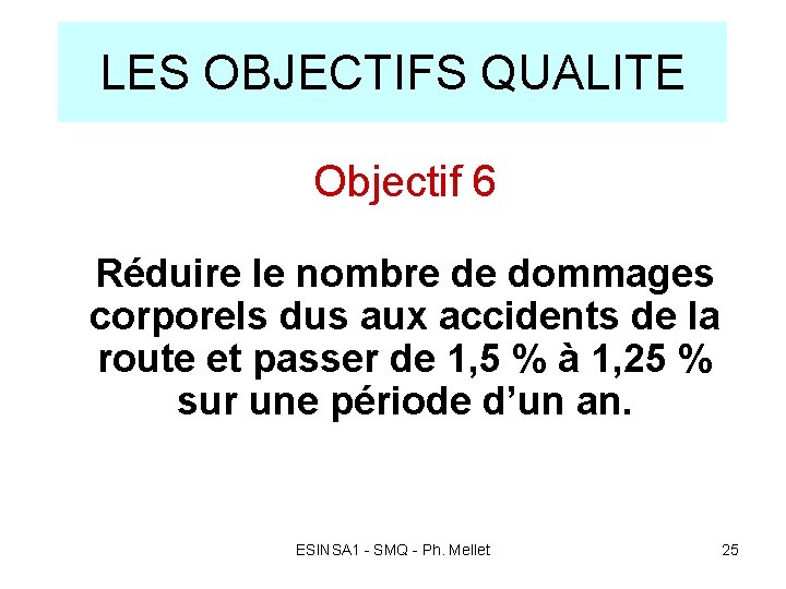 LES OBJECTIFS QUALITE Objectif 6 Réduire le nombre de dommages corporels dus aux accidents