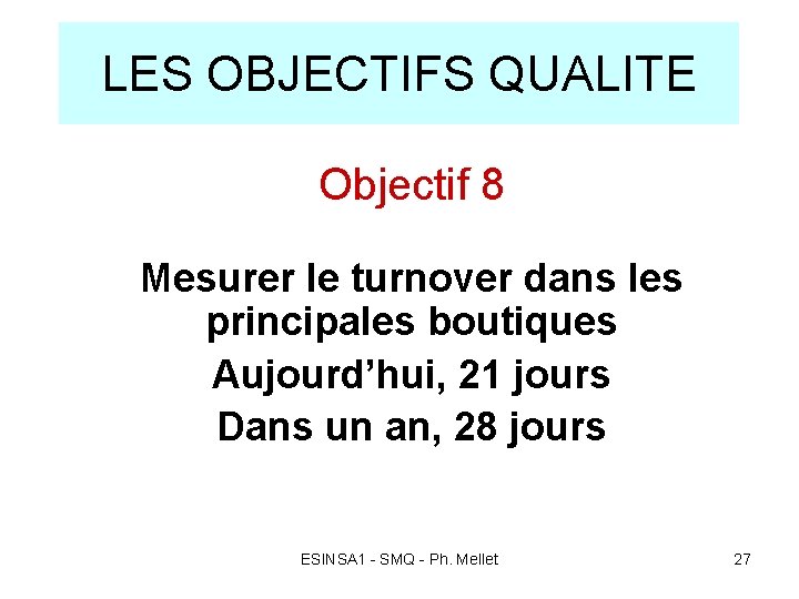 LES OBJECTIFS QUALITE Objectif 8 Mesurer le turnover dans les principales boutiques Aujourd’hui, 21