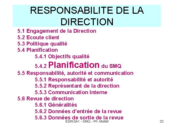 RESPONSABILITE DE LA DIRECTION 5. 1 Engagement de la Direction 5. 2 Ecoute client