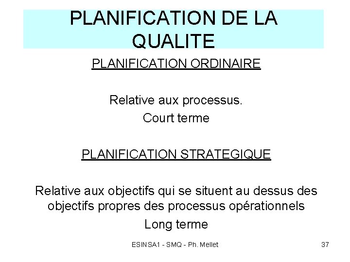 PLANIFICATION DE LA QUALITE PLANIFICATION ORDINAIRE Relative aux processus. Court terme PLANIFICATION STRATEGIQUE Relative