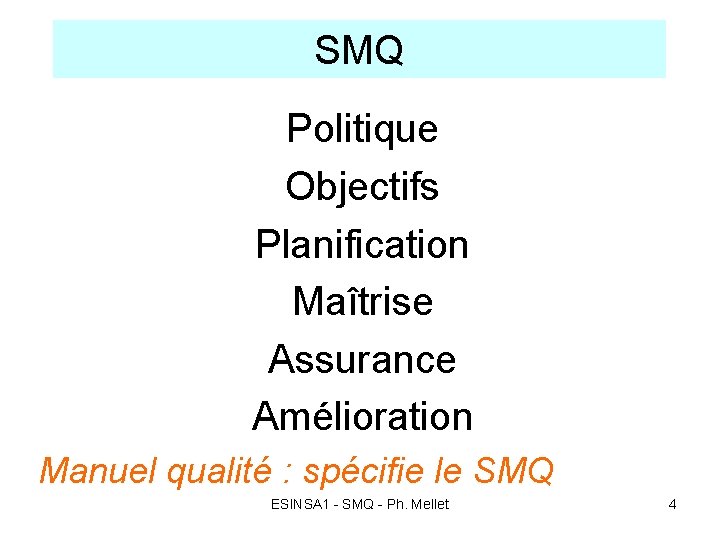 SMQ Politique Objectifs Planification Maîtrise Assurance Amélioration Manuel qualité : spécifie le SMQ ESINSA