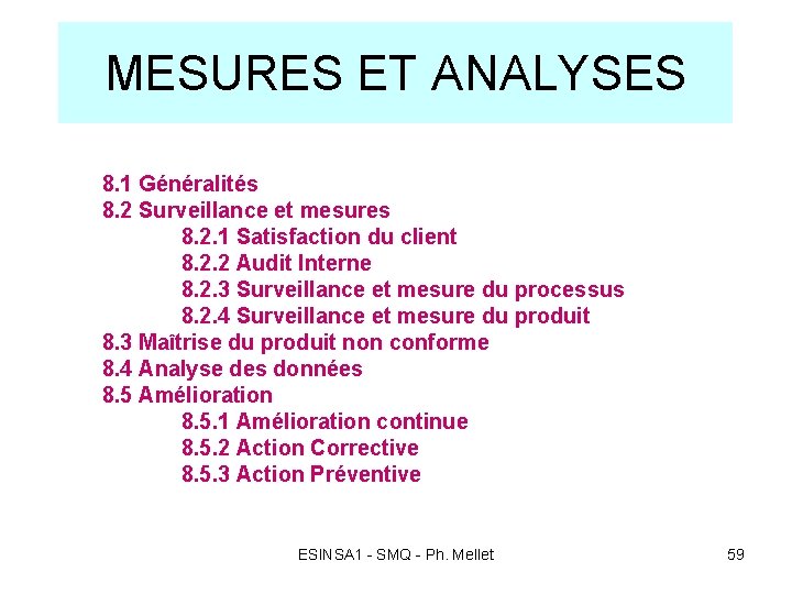 MESURES ET ANALYSES 8. 1 Généralités 8. 2 Surveillance et mesures 8. 2. 1 MESURES ET ANALYSES 8. 1 Généralités 8. 2 Surveillance et mesures 8. 2. 1
