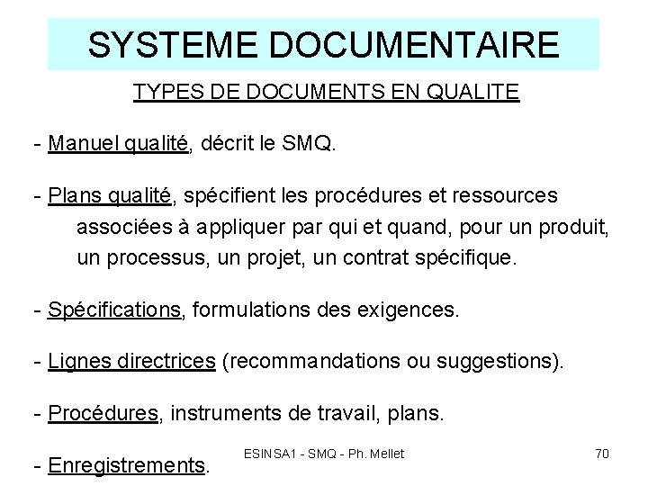 SYSTEME DOCUMENTAIRE TYPES DE DOCUMENTS EN QUALITE - Manuel qualité, décrit le SMQ. - SYSTEME DOCUMENTAIRE TYPES DE DOCUMENTS EN QUALITE - Manuel qualité, décrit le SMQ. -
