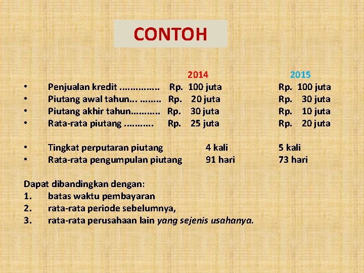 CONTOH • • Penjualan kredit. . . . Piutang awal tahun. . . Piutang