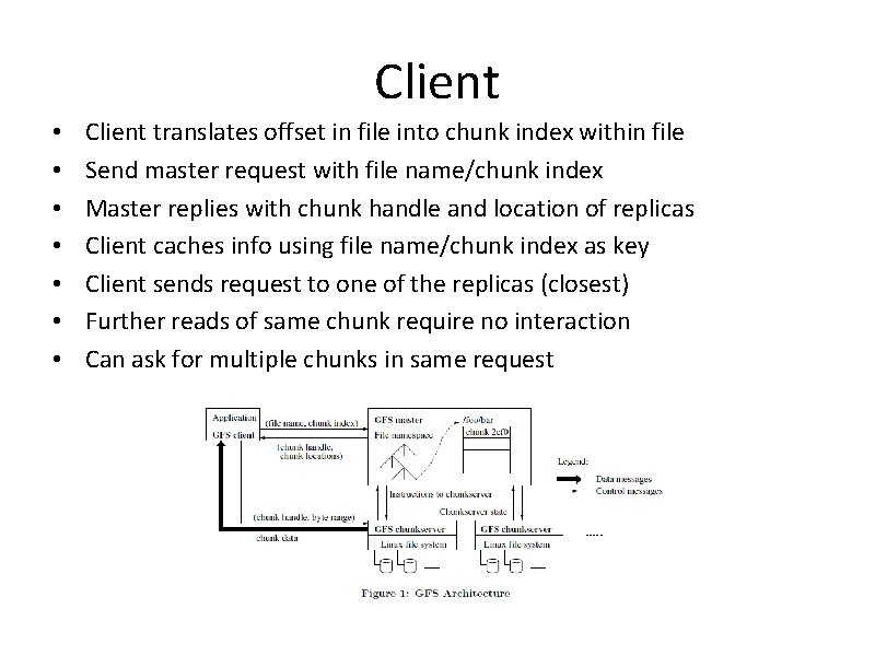 Client • • Client translates offset in file into chunk index within file Send