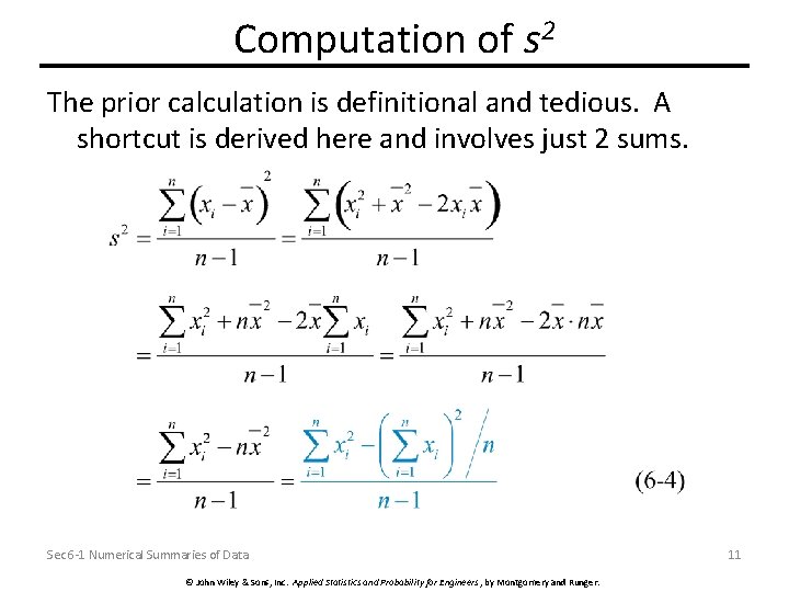 Computation of s 2 The prior calculation is definitional and tedious. A shortcut is