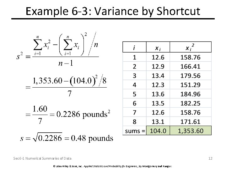 Example 6 -3: Variance by Shortcut Sec 6 -1 Numerical Summaries of Data ©