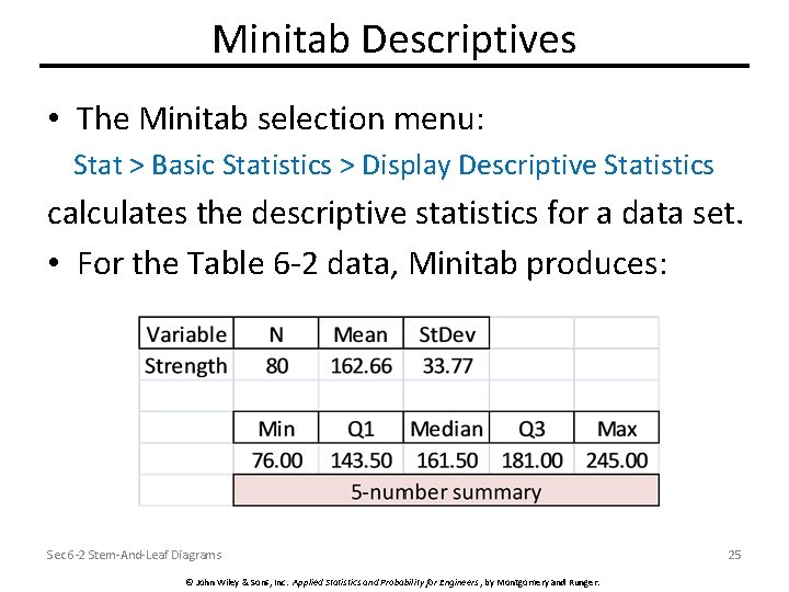 Minitab Descriptives • The Minitab selection menu: Stat > Basic Statistics > Display Descriptive