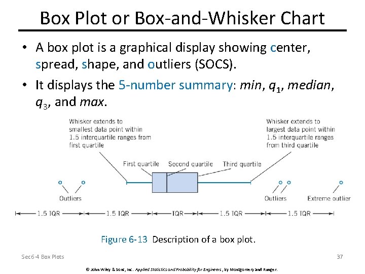 Box Plot or Box-and-Whisker Chart • A box plot is a graphical display showing