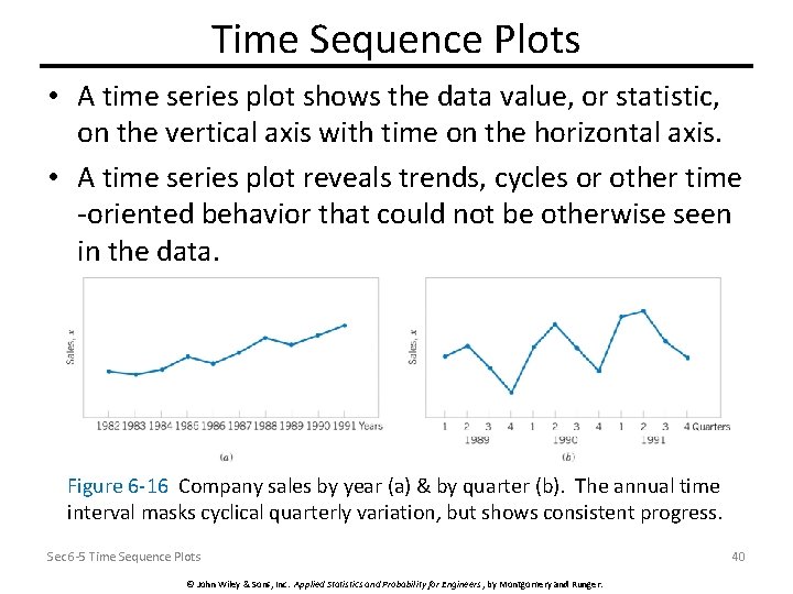 Time Sequence Plots • A time series plot shows the data value, or statistic,
