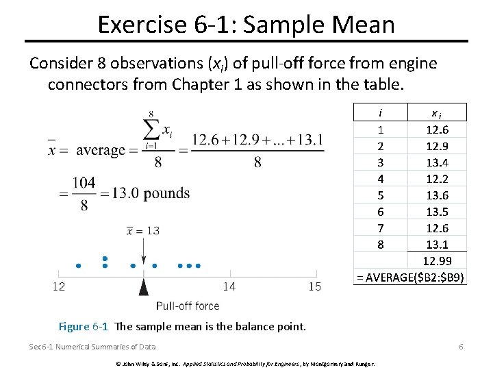 Exercise 6 -1: Sample Mean Consider 8 observations (xi) of pull-off force from engine