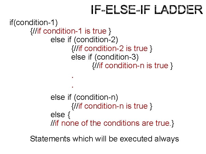 if(condition-1) {//if condition-1 is true } else if (condition-2) {//if condition-2 is true }