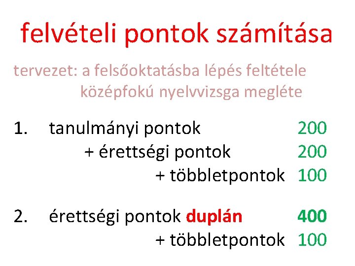 felvételi pontok számítása tervezet: a felsőoktatásba lépés feltétele középfokú nyelvvizsga megléte 1. tanulmányi pontok