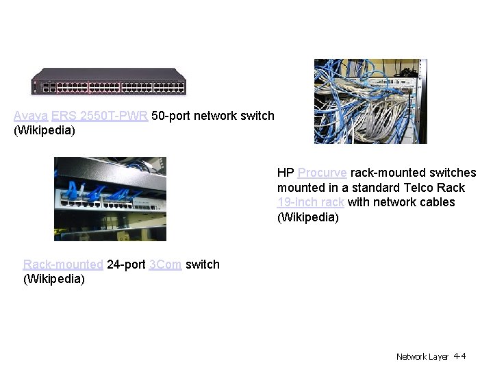Avaya ERS 2550 T-PWR 50 -port network switch (Wikipedia) HP Procurve rack-mounted switches mounted