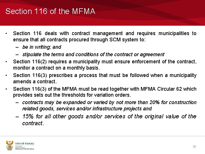 Section 116 of the MFMA • • Section 116 deals with contract management and