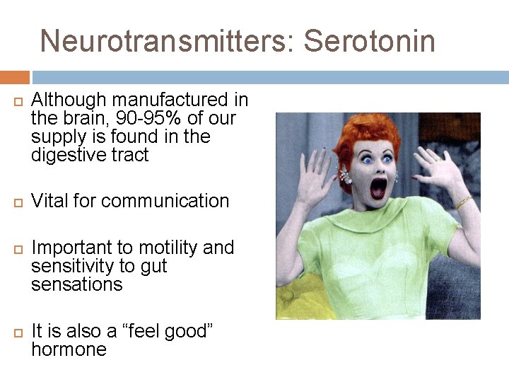 Neurotransmitters: Serotonin Although manufactured in the brain, 90 -95% of our supply is found