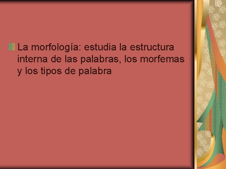 La morfología: estudia la estructura interna de las palabras, los morfemas y los tipos