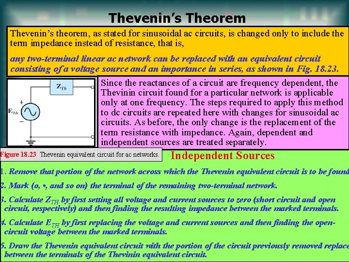 Thevenin’s Theorem Thevenin’s theorem, as stated for sinusoidal ac circuits, is changed only to