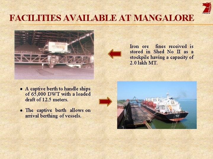 FACILITIES AVAILABLE AT MANGALORE Iron ore fines received is stored in Shed No II