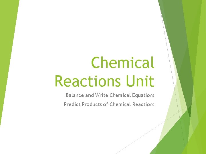 Chemical Reactions Unit Balance and Write Chemical Equations Predict Products of Chemical Reactions 