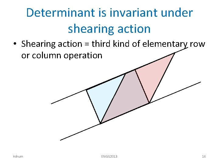 Determinant is invariant under shearing action • Shearing action = third kind of elementary
