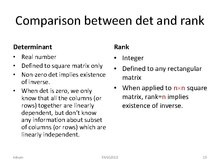 Comparison between det and rank Determinant Rank • Real number • Defined to square